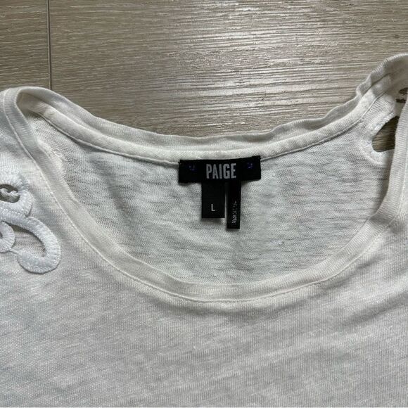 Paige White Linen Blend Short Sleeve Scoop‎ Neck Shirt Crotchet Lace Shoulders - Picture 6 of 8